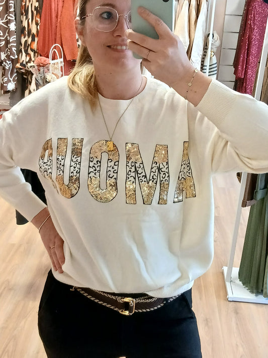Pull Aurélien femme blanc AMOUR sequins col rond