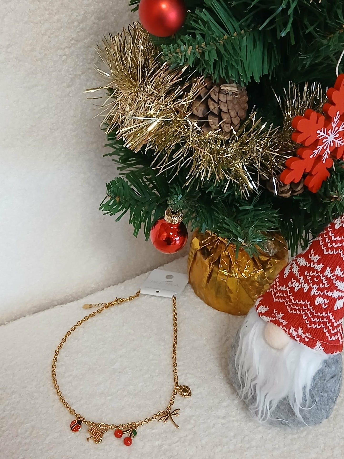 Collier Breloques Acier Inoxydable Doré - Cerise, Libellule, Coccinelle