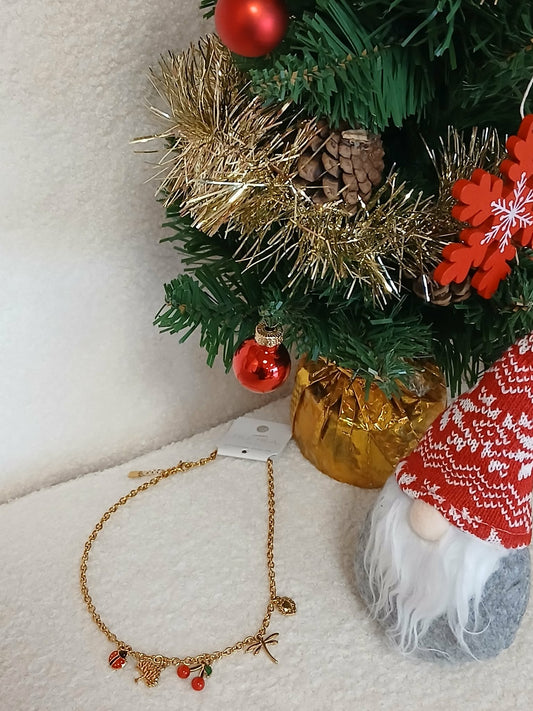 Collier Breloques Acier Inoxydable Doré - Cerise, Libellule, Coccinelle