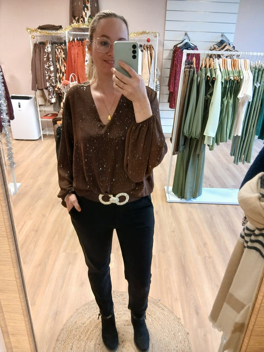 Blouse Lya Chocolat - Col V Paillettes et Manches Transparentes