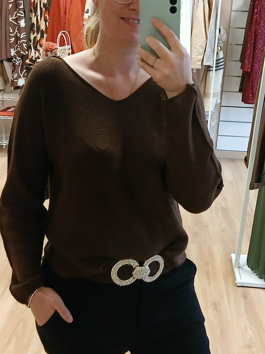 Pull Maho femme chocolat col V grosse maille hiver