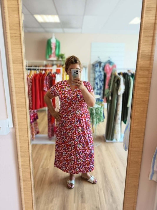 Robe CLEO Longue Florale Rouge - Taille Magique Les tendances d'Axelya