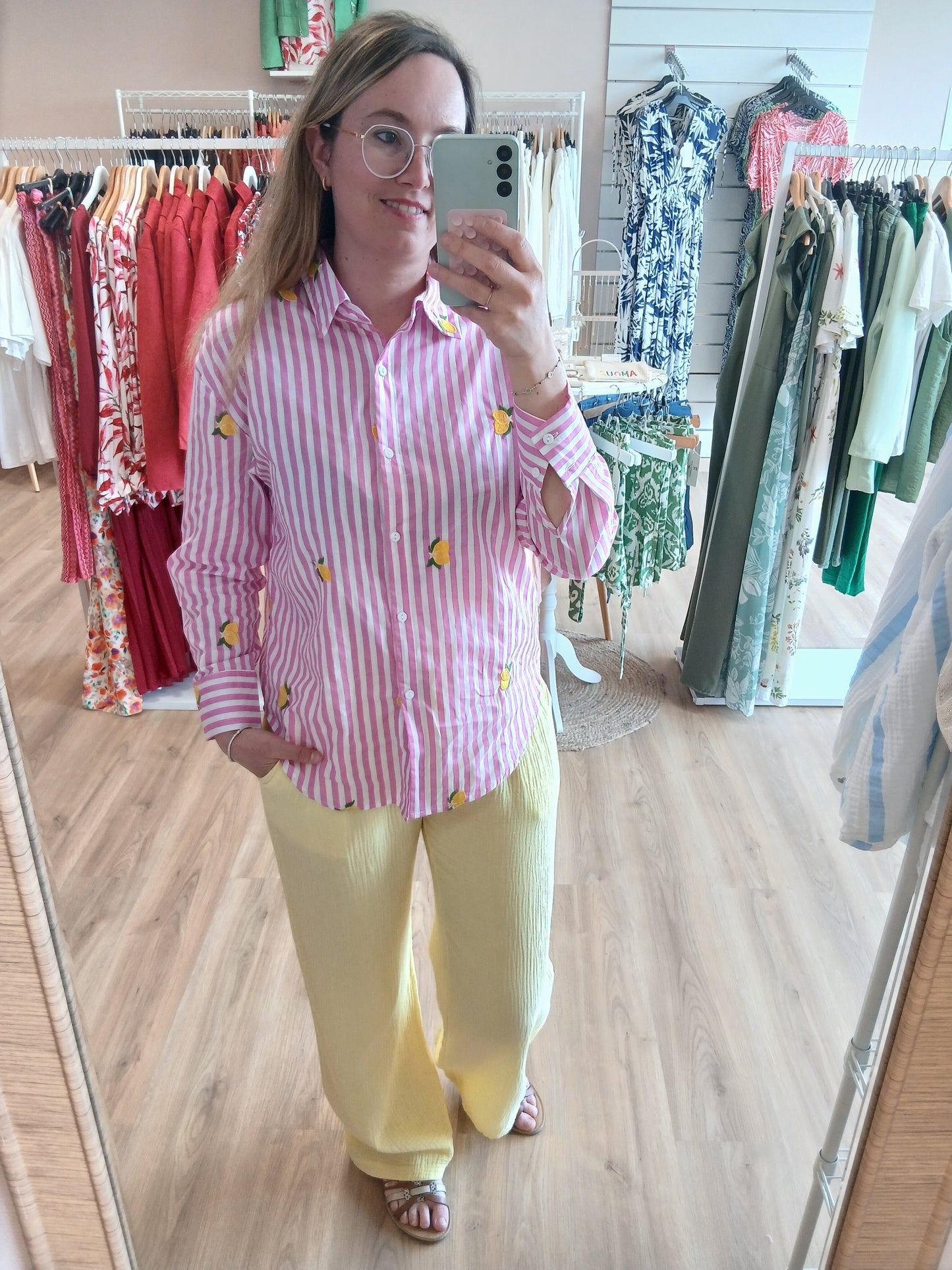 Chemise NINA Rayures Roses Broderies Citron - Du S au 4XL Les tendances d'Axelya