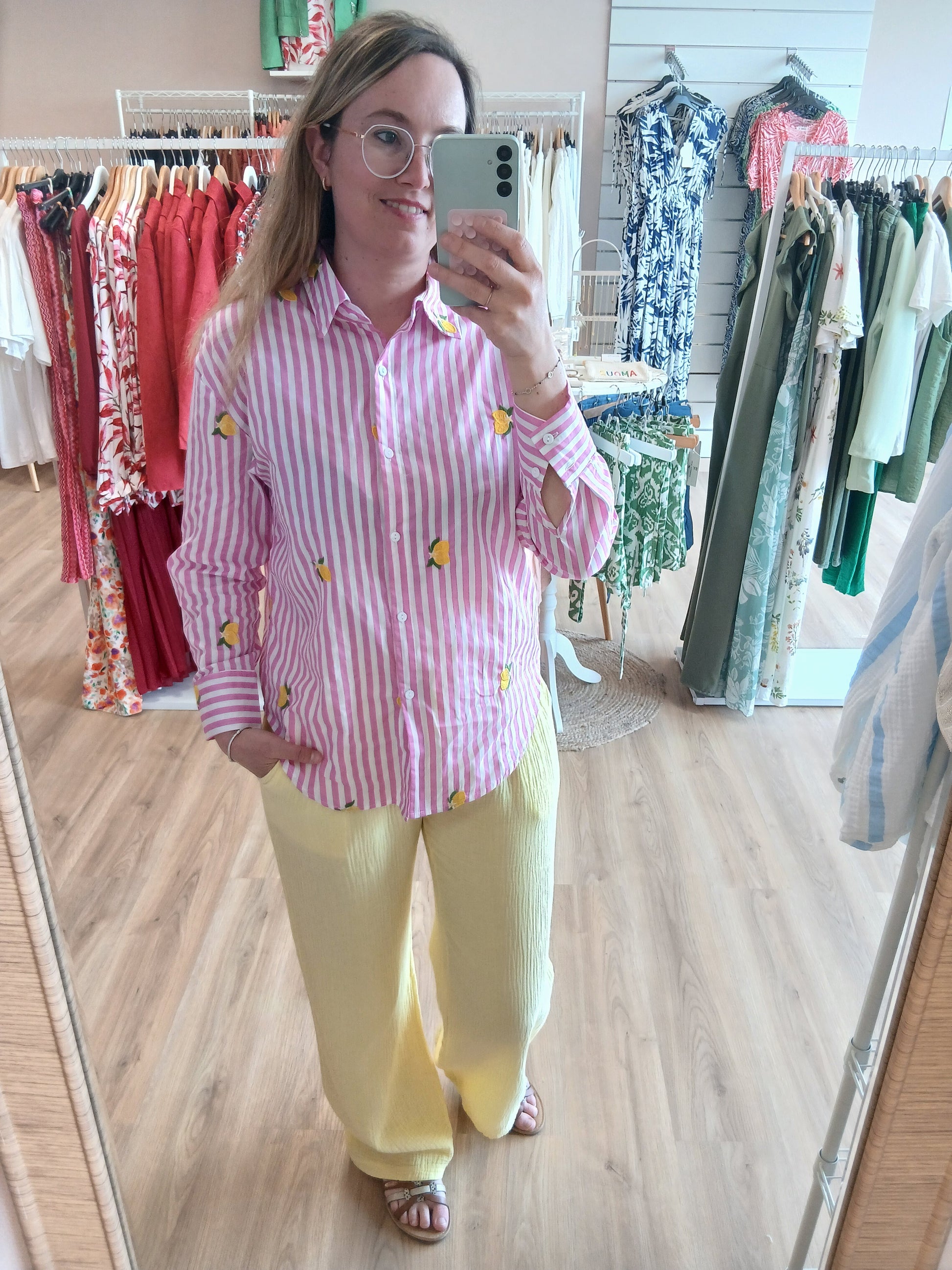 Chemise NINA Rayures Roses Broderies Citron - Du S au 4XL Les tendances d'Axelya