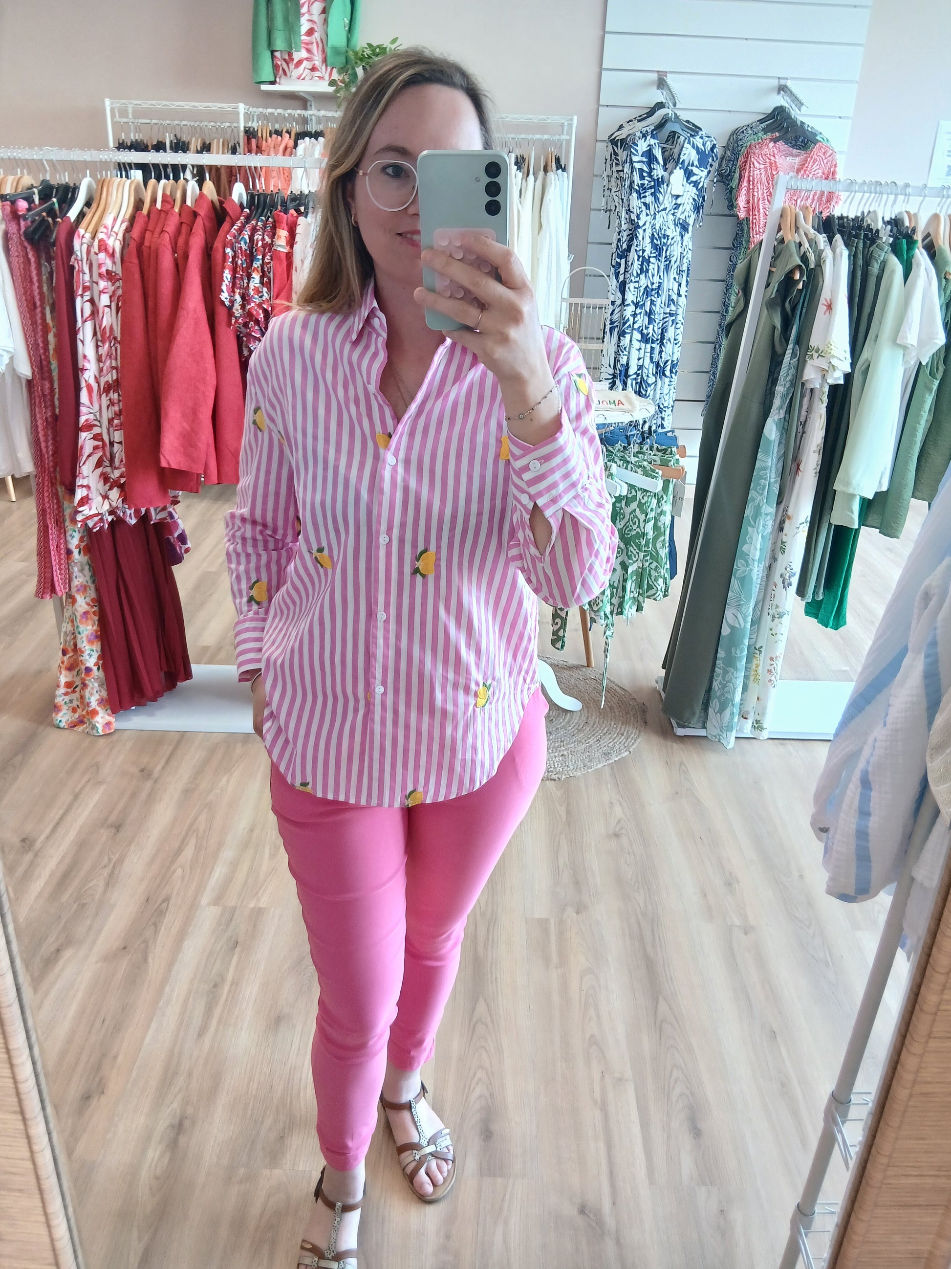 Chemise NINA Rayures Roses Broderies Citron - Du S au 4XL Les tendances d'Axelya