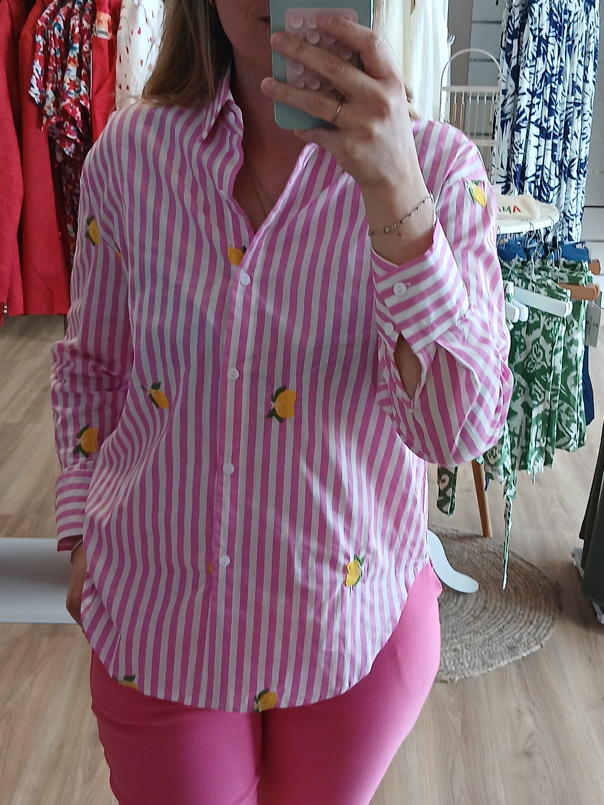 Chemise NINA Rayures Roses Broderies Citron - Du S au 4XL Les tendances d'Axelya
