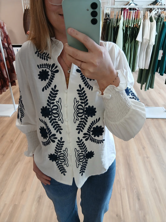 Chemise Iris Brodée Fleurie Bleu Marine - 100% Coton