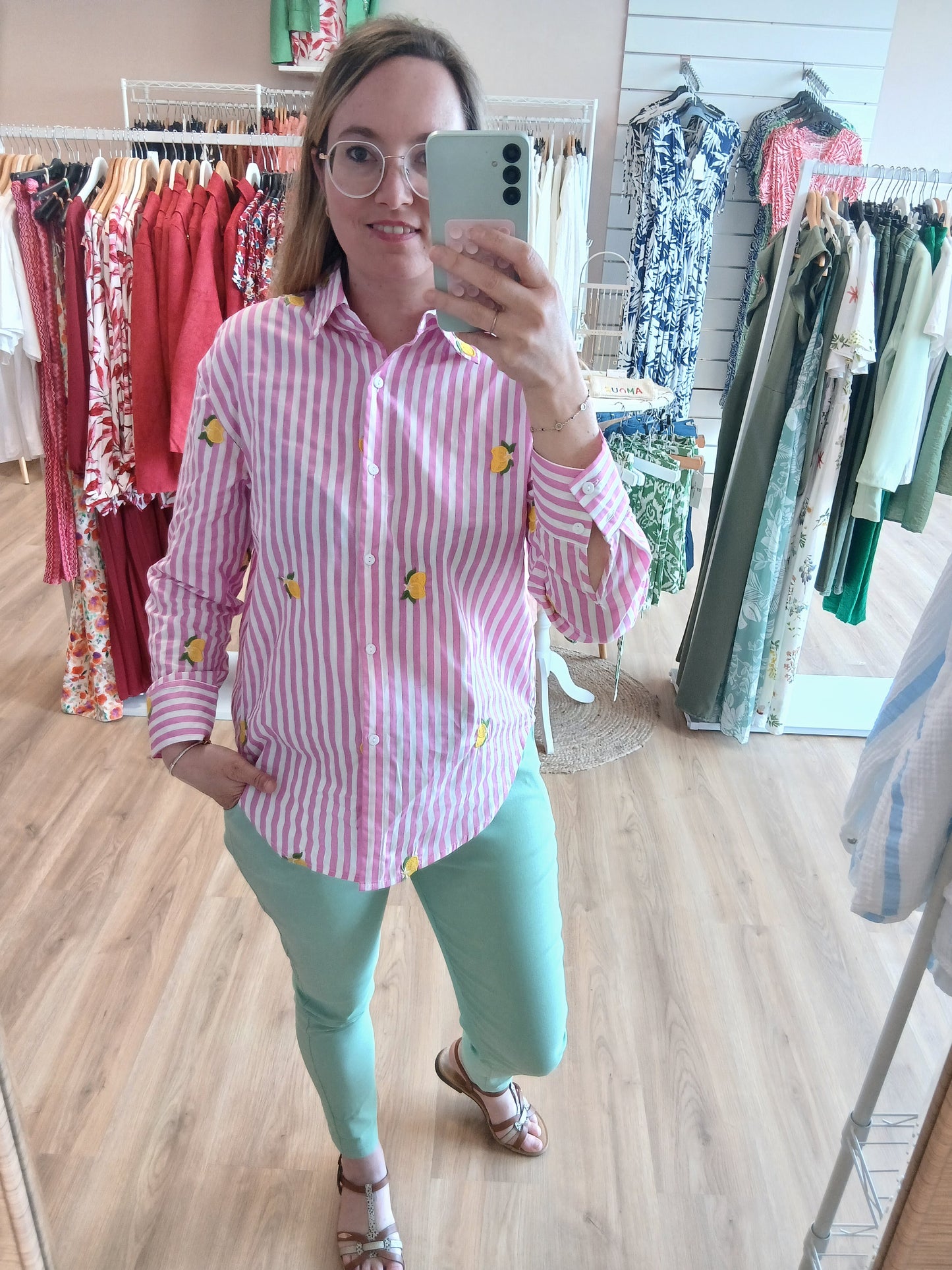 Chemise NINA Rayures Roses Broderies Citron - Du S au 4XL Les tendances d'Axelya