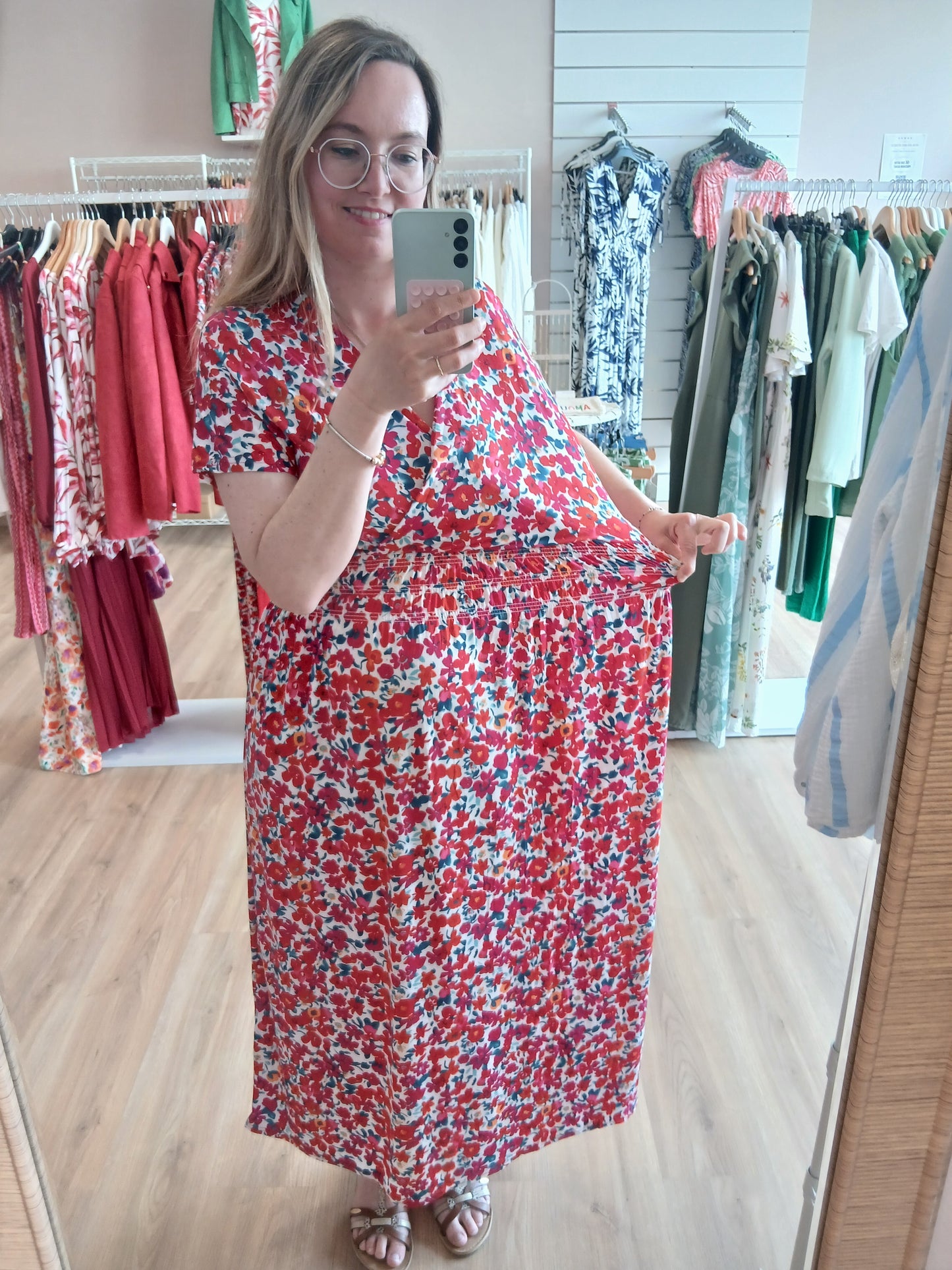 Robe CLEO Longue Florale Rouge - Taille Magique Les tendances d'Axelya