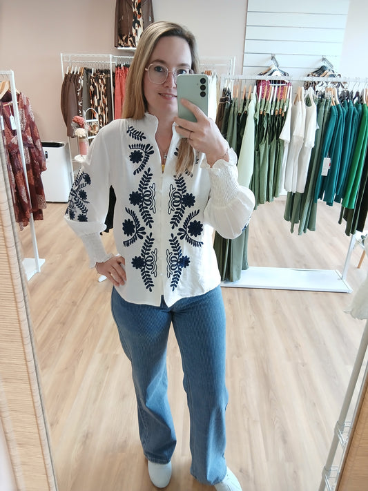 Chemise Iris Brodée Fleurie Bleu Marine - 100% Coton