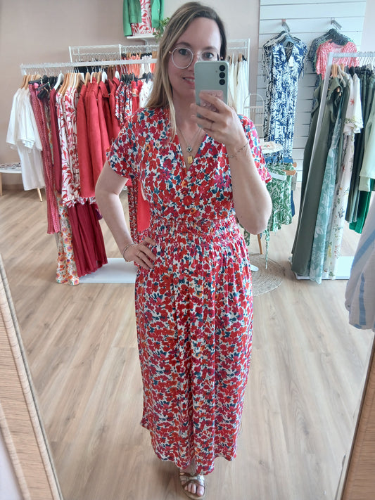 Robe CLEO Longue Florale Rouge - Taille Magique Les tendances d'Axelya