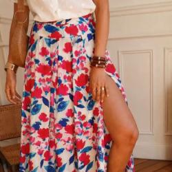 Jupe JUNE Midi Fluide Imprimé Floral Fuchsia - Grande Taille Les tendances d'Axelya
