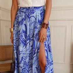 Jupe SYLVIE Midi Évasée Imprimé Feuillage Bleu - Grande Taille Les tendances d'Axelya